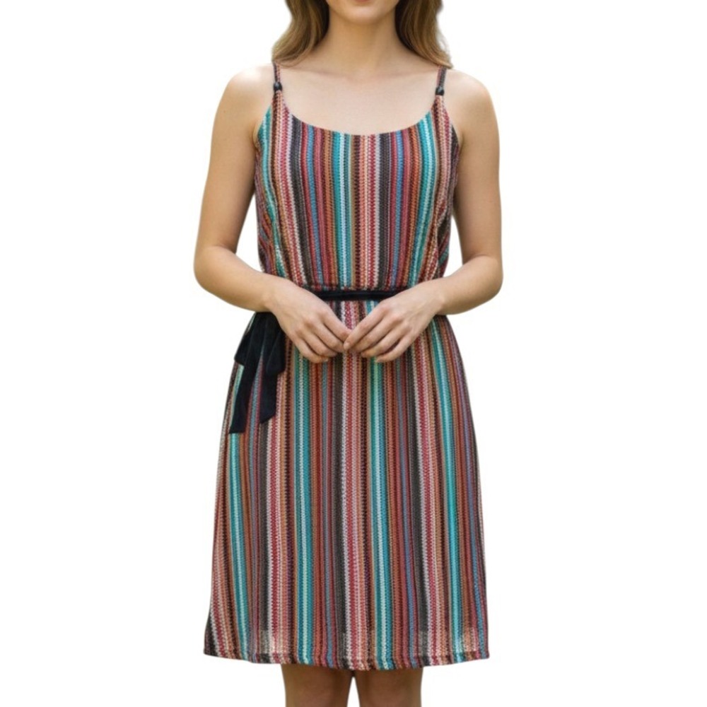NWT Harlow & Rose CROCHETED STRIPE DRESS Lined w/Tie Belt SUNDRESS Slip/Shift L